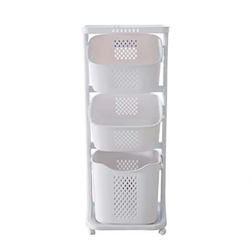 Laundry Basket Bathroom Multi-layer Clothes Storage Basket, 3-Tier Laundry Basket with Wheel Rolling Laundry Sorter Hamper, Household Bathroom Simple Storage Shelf Kitchen Shelf (Beige)