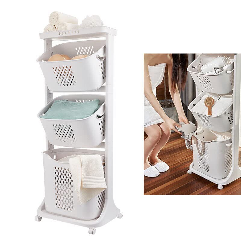 Laundry Basket Bathroom Multi-layer Clothes Storage Basket, 3-Tier Laundry Basket with Wheel Rolling Laundry Sorter Hamper, Household Bathroom Simple Storage Shelf Kitchen Shelf (Beige)