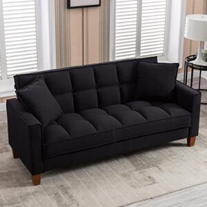 mikibama linen sofas couchs for living room grid tufted loveseat sofa padded 2 seater bedroom couch soft comfy sofa bed for small space apartment with solid wood legs (black)
