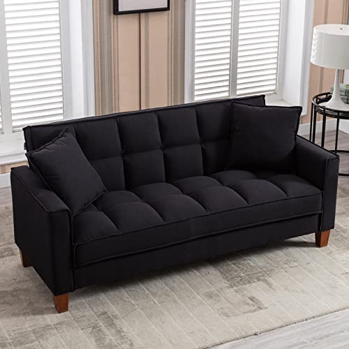 mikibama Linen Sofas Couchs for Living Room Grid Tufted Loveseat Sofa Padded 2 Seater Bedroom Couch Soft Comfy Sofa Bed for Small Space Apartment with Solid Wood Legs (Black)