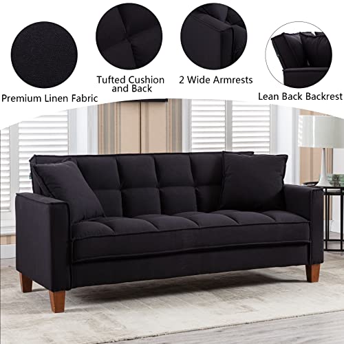 mikibama Linen Sofas Couchs for Living Room Grid Tufted Loveseat Sofa Padded 2 Seater Bedroom Couch Soft Comfy Sofa Bed for Small Space Apartment with Solid Wood Legs (Black)