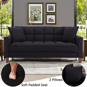 mikibama Linen Sofas Couchs for Living Room Grid Tufted Loveseat Sofa Padded 2 Seater Bedroom Couch Soft Comfy Sofa Bed for Small Space Apartment with Solid Wood Legs (Black)