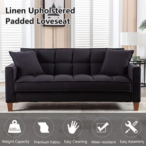 mikibama Linen Sofas Couchs for Living Room Grid Tufted Loveseat Sofa Padded 2 Seater Bedroom Couch Soft Comfy Sofa Bed for Small Space Apartment with Solid Wood Legs (Black)