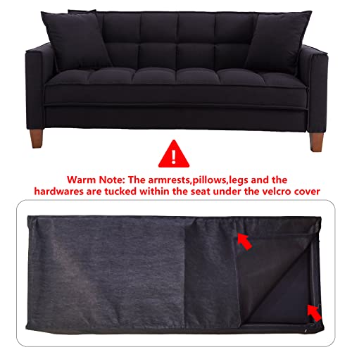 mikibama Linen Sofas Couchs for Living Room Grid Tufted Loveseat Sofa Padded 2 Seater Bedroom Couch Soft Comfy Sofa Bed for Small Space Apartment with Solid Wood Legs (Black)