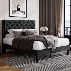 allewie queen size bed frame, velvet upholstered platform bed with adjustable diamond button tufted & nailhead trim headboard, wood slat support, easy assembly, no box spring needed, black