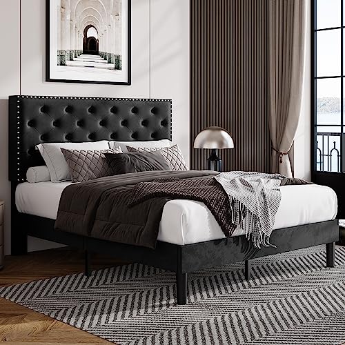 Allewie Queen Size Bed Frame, Velvet Upholstered Platform Bed with Adjustable Diamond Button Tufted & Nailhead Trim Headboard, Wood Slat Support, Easy Assembly, No Box Spring Needed, Black