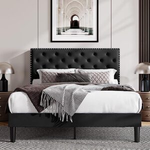 Allewie Queen Size Bed Frame, Velvet Upholstered Platform Bed with Adjustable Diamond Button Tufted & Nailhead Trim Headboard, Wood Slat Support, Easy Assembly, No Box Spring Needed, Black