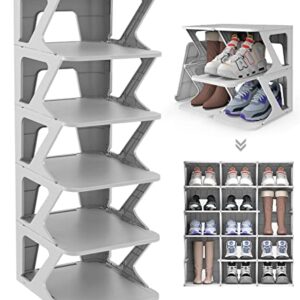 AEARY 6-Tier Pull-out Shoe Shelf, Adjustable Freestanding Shoe Rack, Stable Vertical Narrow Shoe Cubby, Easy Clean Shoe Tower Rack,Shoe Storage Organizer for Bedroom Entrance for Hallway,Gray