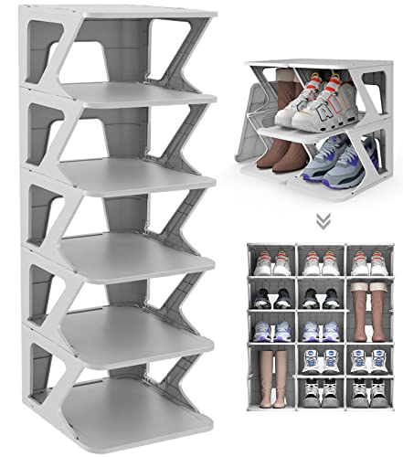 AEARY 6-Tier Pull-out Shoe Shelf, Adjustable Freestanding Shoe Rack, Stable Vertical Narrow Shoe Cubby, Easy Clean Shoe Tower Rack,Shoe Storage Organizer for Bedroom Entrance for Hallway,Gray