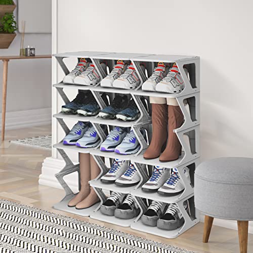 AEARY 6-Tier Pull-out Shoe Shelf, Adjustable Freestanding Shoe Rack, Stable Vertical Narrow Shoe Cubby, Easy Clean Shoe Tower Rack,Shoe Storage Organizer for Bedroom Entrance for Hallway,Gray