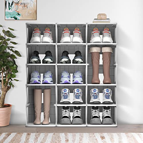 AEARY 6-Tier Pull-out Shoe Shelf, Adjustable Freestanding Shoe Rack, Stable Vertical Narrow Shoe Cubby, Easy Clean Shoe Tower Rack,Shoe Storage Organizer for Bedroom Entrance for Hallway,Gray