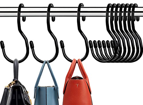 Purse Hanger for Closet 10 Pack, Metal S Hook Hooks for Hanging Purses, Handbags, Backpacks, Belts, Scraves, Hats, Clothes - Black S Hook, Hook for Pots and Pans