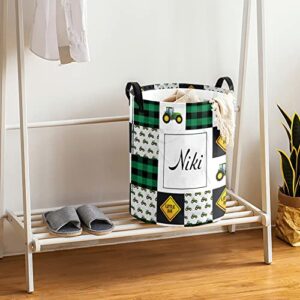 Cute Tractor Green Laundry Basket Personalized with Name Laundry Hamper with Handle Organizer Storage Bin Bedroom Decor for Boys Girls Adults