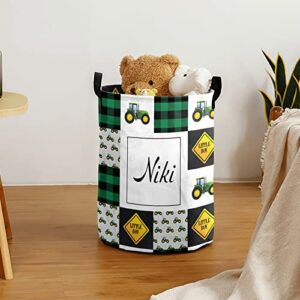 Cute Tractor Green Laundry Basket Personalized with Name Laundry Hamper with Handle Organizer Storage Bin Bedroom Decor for Boys Girls Adults