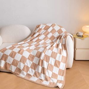 MH MYLUNE HOME Ultra-Soft Checkered Blanket Microfiber Checkerboard Blanket Reversible, Plaid Cozy Fuzzy Chessboard Throw Blanket Plush for Bed Couch Sofa (Khaki, 51"x63")
