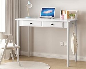 vamepole computer desk for home office, 39" small white office desk with 2 hooks, 2 drawers, vanity desk for small spaces study table laptop desk (white)