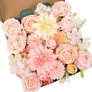 perfnique pink artificial flowers combo box, set of 47pcs faux flowers, fake floral arrangements for diy wedding bouquets centerpieces with roses, baby shower party home decorations(peach pink)