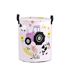 cute pink farm animals tractor laundry basket personalized with name laundry hamper with handle organizer storage bin bedroom decor for boys girls adults