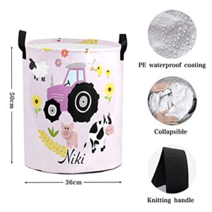 Cute Pink Farm Animals Tractor Laundry Basket Personalized with Name Laundry Hamper with Handle Organizer Storage Bin Bedroom Decor for Boys Girls Adults