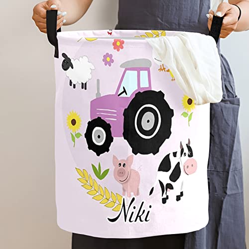 Cute Pink Farm Animals Tractor Laundry Basket Personalized with Name Laundry Hamper with Handle Organizer Storage Bin Bedroom Decor for Boys Girls Adults