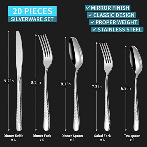 Meythway 20-Piece ​Modern Hammered Silverware Set with Luxury Decoration, Stainless Steel Flatware Set, Cutlery Set Service for 4, Reusable, Dishwasher Safe(Silver)