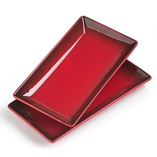 Gomakren Serving Platters Trays for Parties, Christmas Serving Dishes and Platters Porcelain Rectangle Plates Set of 2, 10 In Food Serving Tray, Microwave Dishwasher Safe Burgundy Red Christmas Gifts