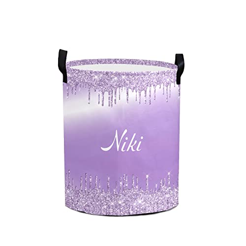 Monogram Violet Purple Dripping Laundry Basket Personalized with Name Laundry Hamper with Handle Organizer Storage Bin Bedroom Decor for Boys Girls Adults