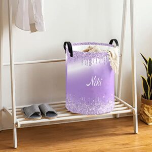 Monogram Violet Purple Dripping Laundry Basket Personalized with Name Laundry Hamper with Handle Organizer Storage Bin Bedroom Decor for Boys Girls Adults