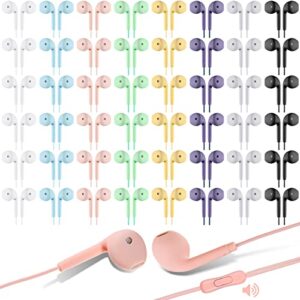 100 packs headphones with microphone bulk kids ear earbud bulk, multi color earbud headphones bulk for classroom, headphones earbuds