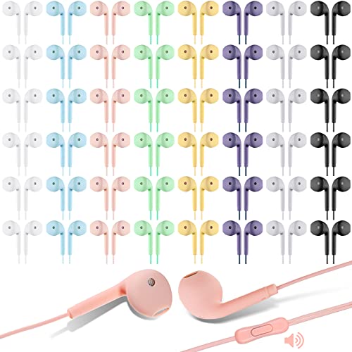 100 Packs Headphones with Microphone Bulk Kids Ear Earbud Bulk, Multi Color Earbud Headphones Bulk for Classroom, Headphones Earbuds