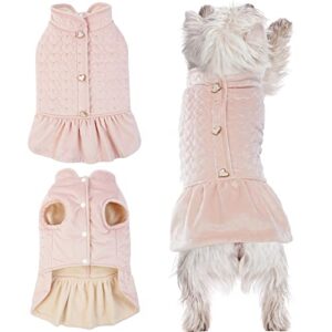 ikipuko winter dog dress, fleece pet skirt with sequin dog warm coat girl one-piece heart shape decorate button winter clothes cute puppy clothes for small medium dogs,l