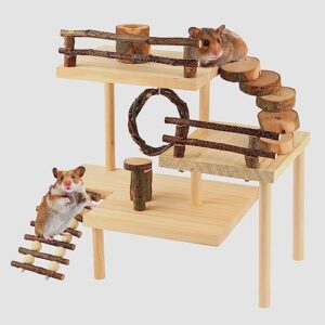 hosukko hamster climbing toys 3-tier extra large hamster playground natural wooden small animal platform toys hamster exercise activity climbing platform with bridge for gift
