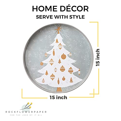 rockflowerpaper Winter White Tree 15 inch Round Lacquered Wooden Decorative Heat Resistant Tray with Handles for Coffee Drinks Breakfast Dinner