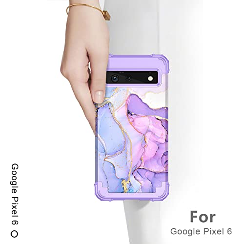 Hekodonk for Google Pixel 6 Case,Heavy Duty Shockproof Protection Hard Plastic+Silicone Rubber Hybrid 3 in 1 Drop Protective Case for Google Pixel 6 Purple Marble