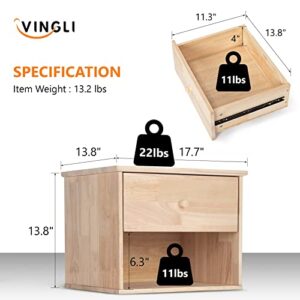 VINGLI Unfinished Natural Solid Wood Floating Nightstand for Bedroom Set of 2, Small Nightstand with Drawer & Open Shelf, Farmhouse Night Stand Wall-Mounted Bedside Table for Small Space Color DIY
