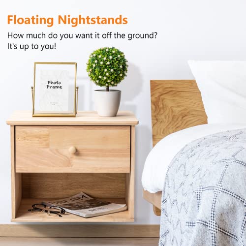 VINGLI Unfinished Natural Solid Wood Floating Nightstand for Bedroom Set of 2, Small Nightstand with Drawer & Open Shelf, Farmhouse Night Stand Wall-Mounted Bedside Table for Small Space Color DIY