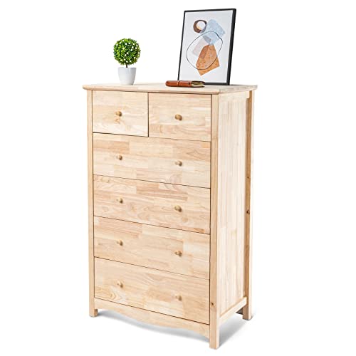 VINGLI Unfinished Natural Solid Wood 6 Drawer Dresser for Bedroom, Farmhouse Dressers & Chests of Drawers Color DIY Rubber Wood Tall Dresser with Full Extension Drawer Slides & Wood Knobs Rustic Style