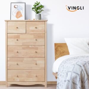 VINGLI Unfinished Natural Solid Wood 6 Drawer Dresser for Bedroom, Farmhouse Dressers & Chests of Drawers Color DIY Rubber Wood Tall Dresser with Full Extension Drawer Slides & Wood Knobs Rustic Style