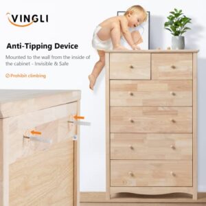 VINGLI Unfinished Natural Solid Wood 6 Drawer Dresser for Bedroom, Farmhouse Dressers & Chests of Drawers Color DIY Rubber Wood Tall Dresser with Full Extension Drawer Slides & Wood Knobs Rustic Style