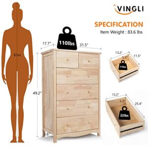 VINGLI Unfinished Natural Solid Wood 6 Drawer Dresser for Bedroom, Farmhouse Dressers & Chests of Drawers Color DIY Rubber Wood Tall Dresser with Full Extension Drawer Slides & Wood Knobs Rustic Style