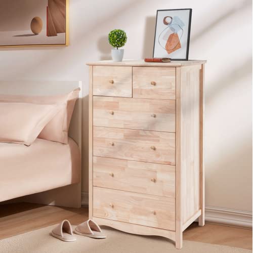 VINGLI Unfinished Natural Solid Wood 6 Drawer Dresser for Bedroom, Farmhouse Dressers & Chests of Drawers Color DIY Rubber Wood Tall Dresser with Full Extension Drawer Slides & Wood Knobs Rustic Style