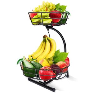 covsus 2 tier countertop fruit basket bowl with banana hanger for kitchen counter, wire fruit stand holder for fruits vegetable storage, black