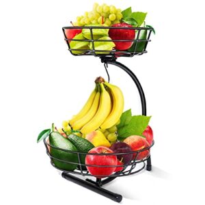 covsus 2 Tier Countertop Fruit Basket Bowl with Banana Hanger for Kitchen Counter, Wire Fruit Stand Holder for Fruits Vegetable Storage, Black