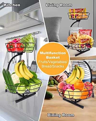 covsus 2 Tier Countertop Fruit Basket Bowl with Banana Hanger for Kitchen Counter, Wire Fruit Stand Holder for Fruits Vegetable Storage, Black