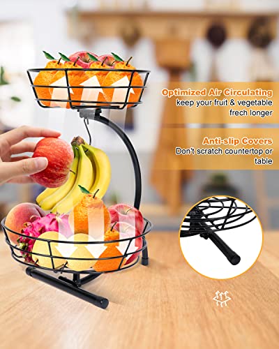 covsus 2 Tier Countertop Fruit Basket Bowl with Banana Hanger for Kitchen Counter, Wire Fruit Stand Holder for Fruits Vegetable Storage, Black