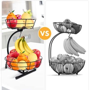 covsus 2 Tier Countertop Fruit Basket Bowl with Banana Hanger for Kitchen Counter, Wire Fruit Stand Holder for Fruits Vegetable Storage, Black