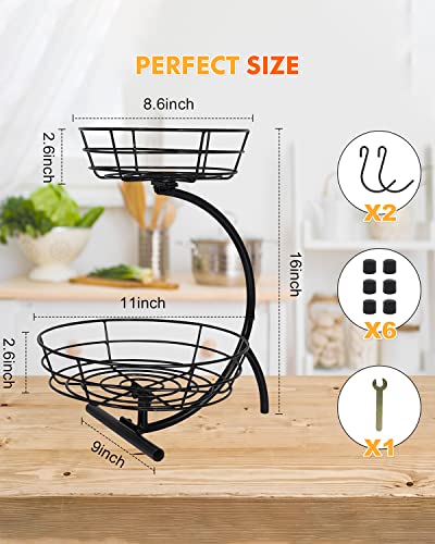 covsus 2 Tier Countertop Fruit Basket Bowl with Banana Hanger for Kitchen Counter, Wire Fruit Stand Holder for Fruits Vegetable Storage, Black