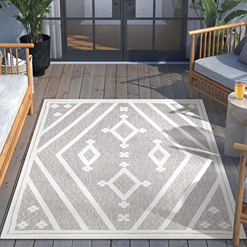 Well Woven Mali Tribal Diamond Pattern Indoor/Outdoor Grey 5'3" x 7'3" High-Low Area Rug