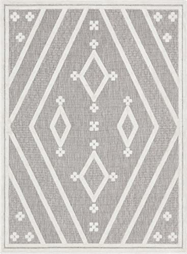 Well Woven Mali Tribal Diamond Pattern Indoor/Outdoor Grey 5'3" x 7'3" High-Low Area Rug