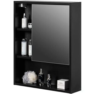 basicwise wall mount mirrored cabinet with open shelf | 2 adjustable shelves medicine organizer storage furniture for bathrooms, kitchens, and laundry room, black